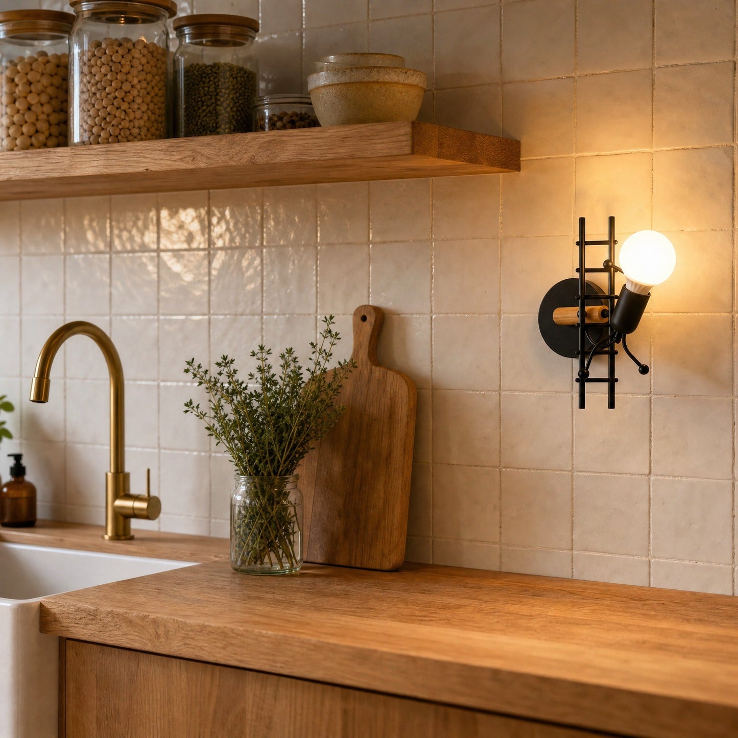 Birna black wall light lit above a zellige splashback in an open kitchen | Wickleigh