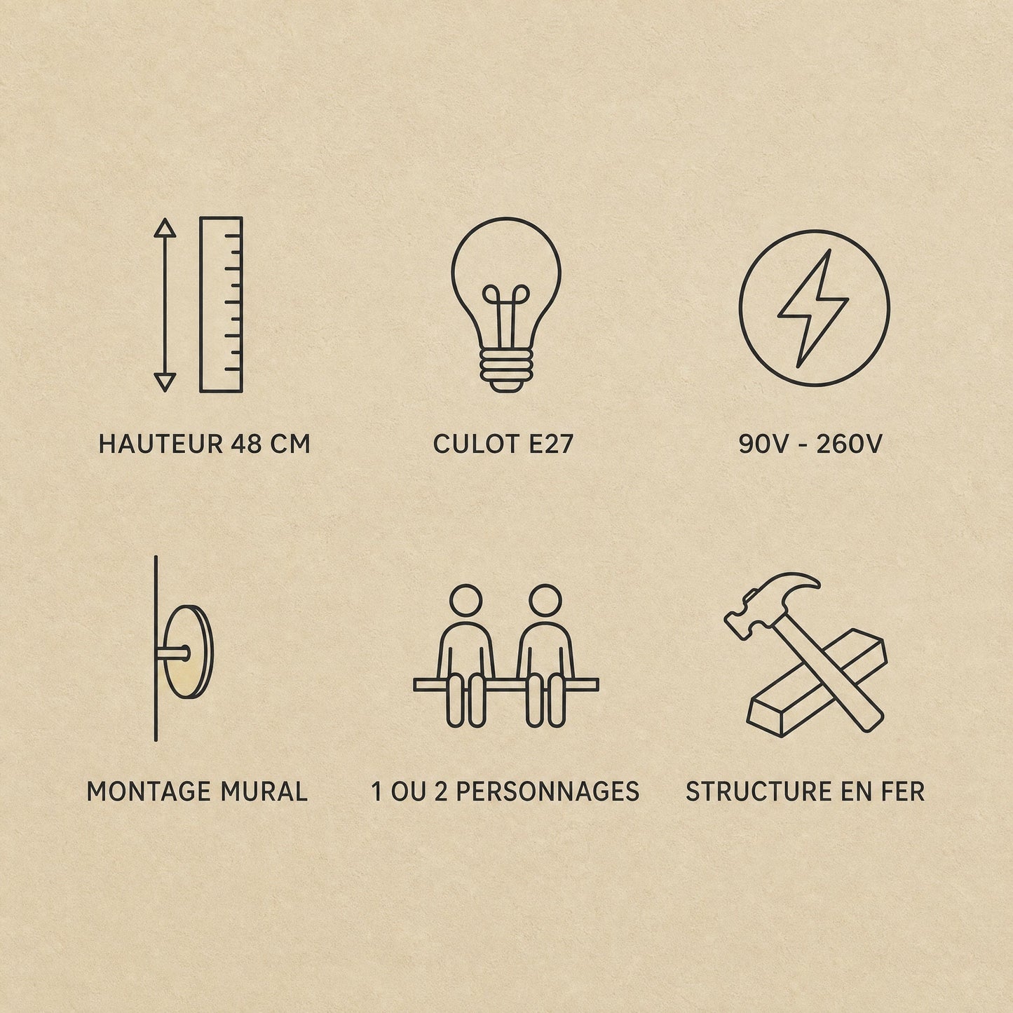 Specifications of the Jyllen wall light, height 48 cm, E27 fitting, 90V-260V, wall mounting | Wickleigh