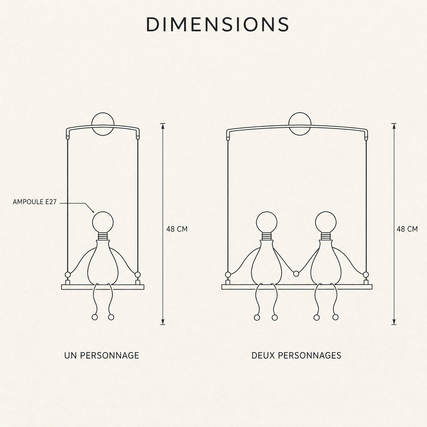 Dimension diagram of the Jyllen wall light, height 48 cm, one and two figure versions | Wickleigh