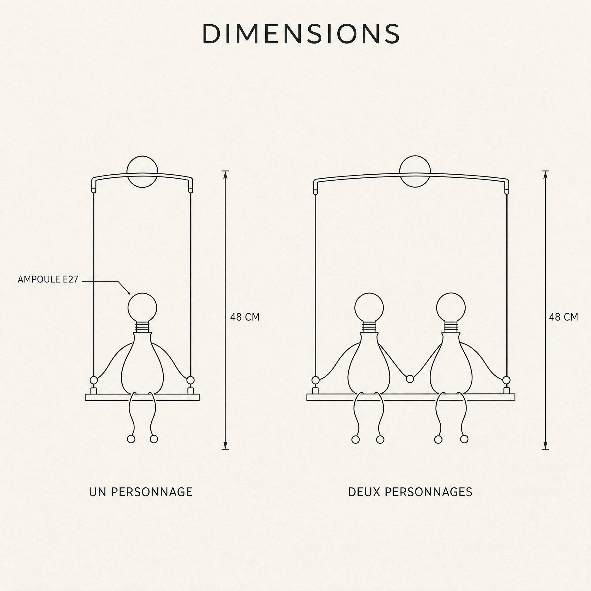 Dimension diagram of the Jyllen wall light, height 48 cm, one and two figure versions | Wickleigh