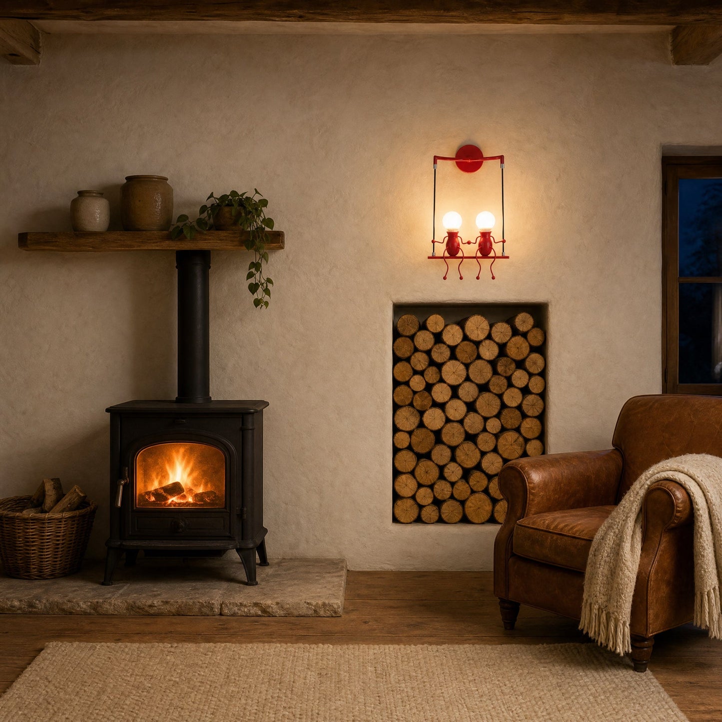 Jyllen red wall light, two figures, lit near a wood stove, above a log alcove | Wickleigh