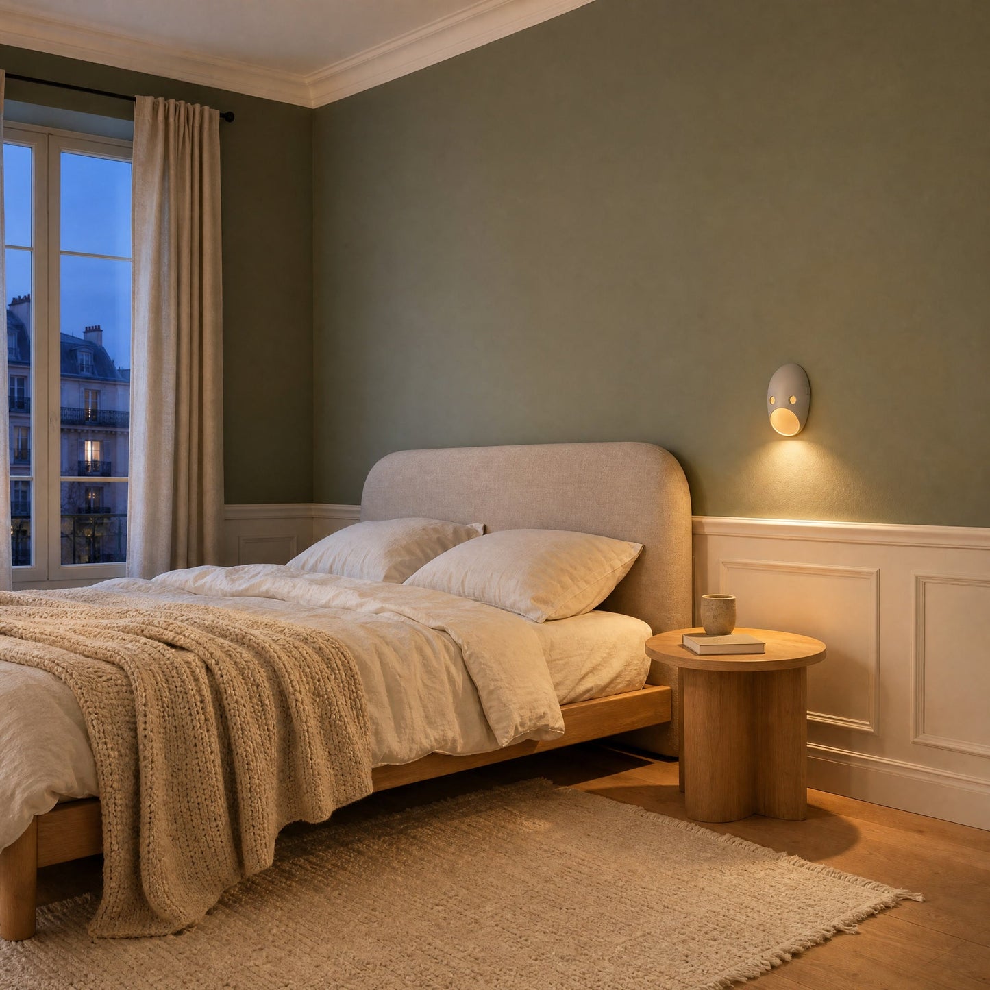 Faelin wall light lit above a bedside in a sage green bedroom | Wickleigh