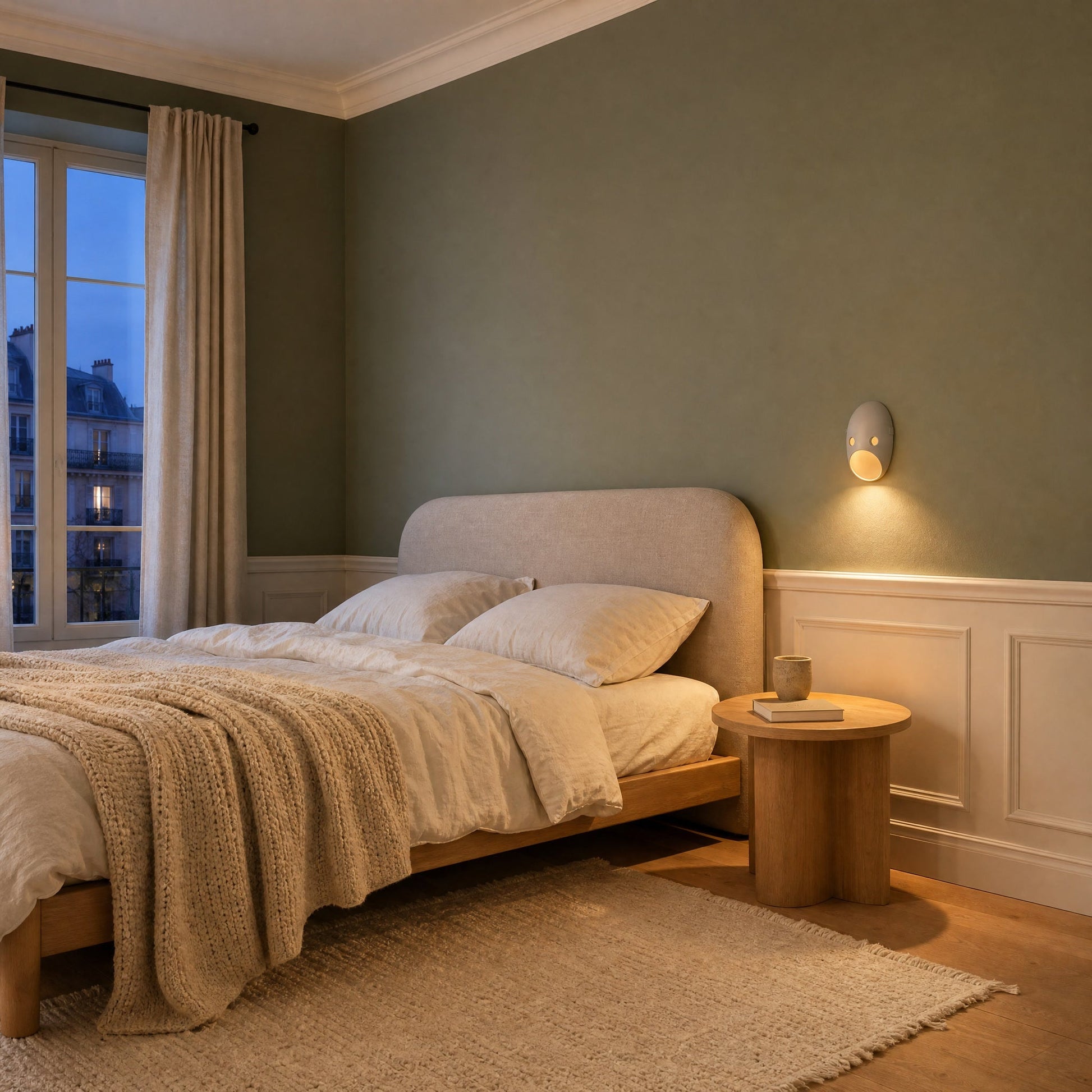 Faelin wall light lit above a bedside in a sage green bedroom | Wickleigh