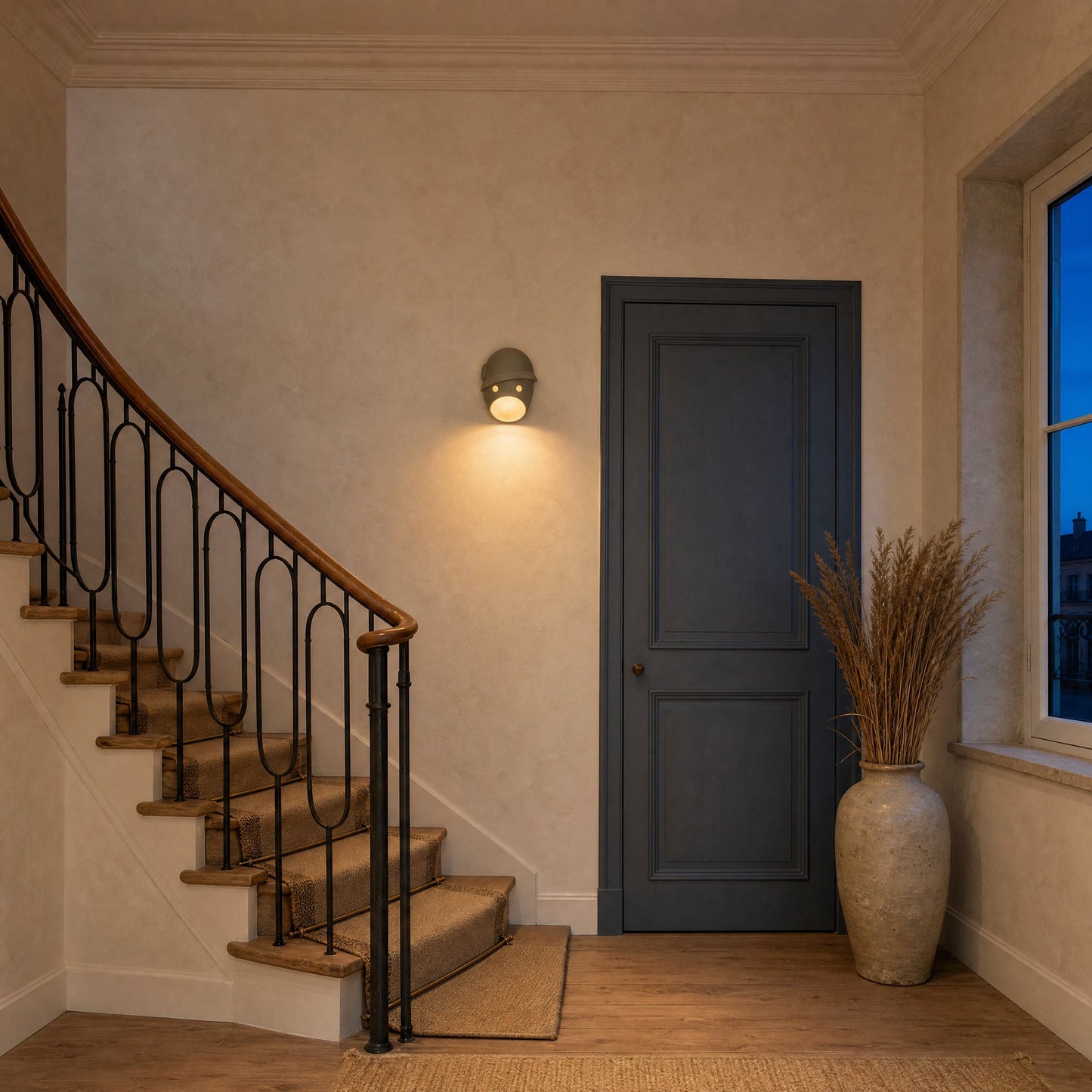 Faelin wall light lit on a staircase at dusk | Wickleigh