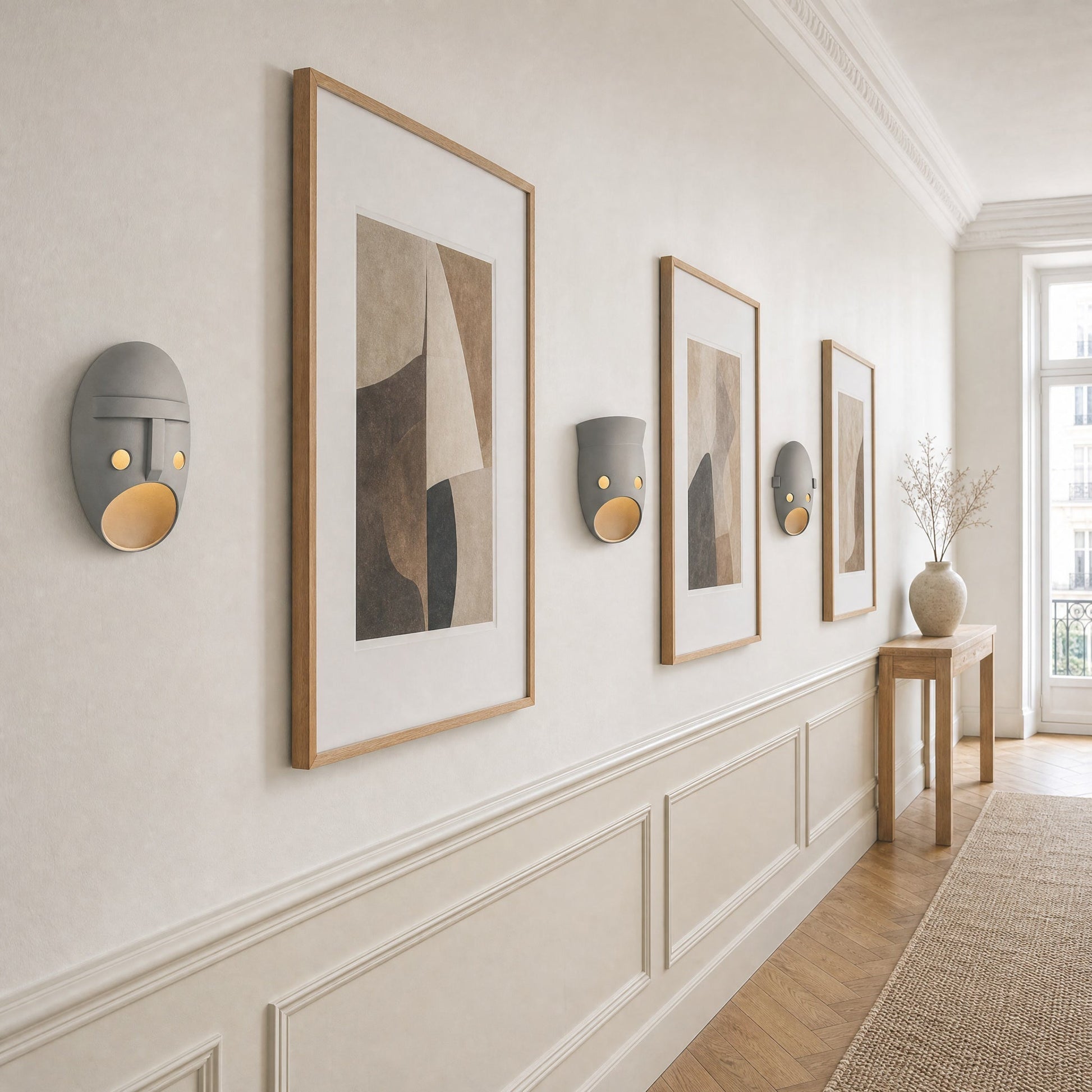 Three Faelin wall lights aligned in a gallery hallway in daylight | Wickleigh