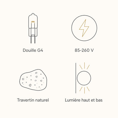 Specifications of the Rinen stone wall light: G4 socket, 85-260V, natural travertine, light up and down | Wickleigh