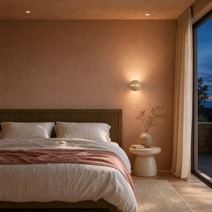 Rinen travertine wall light lit above a bedside, terracotta-walled bedroom at nightfall | Wickleigh