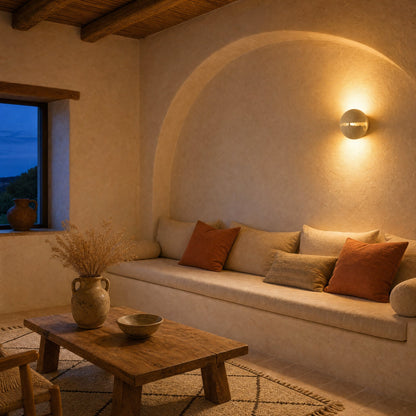 Rinen stone wall light lit above a built-in bench under an archway, lime-plastered living room at dusk | Wickleigh