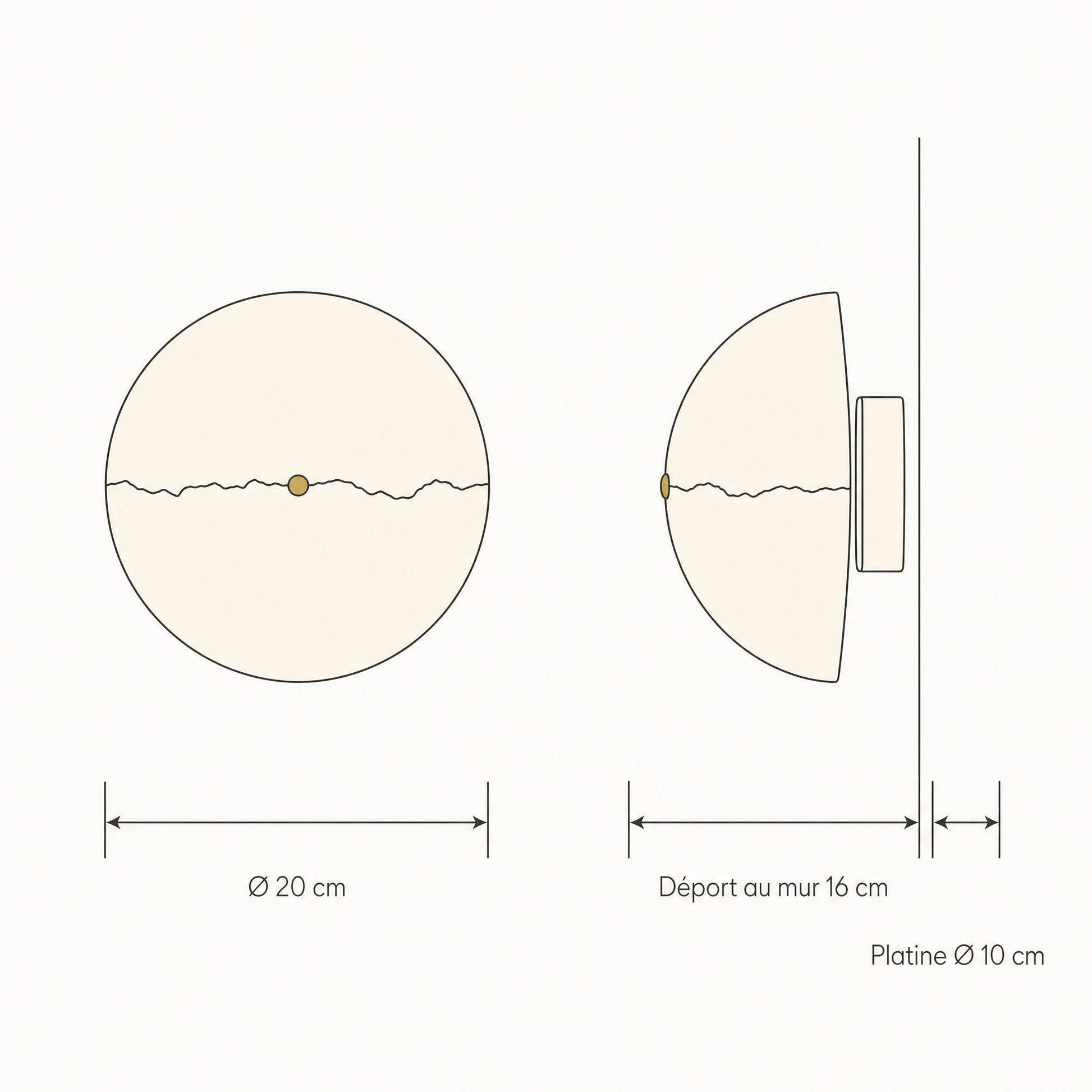 Dimension diagram of the Rinen stone wall light: Ø20 cm, wall projection 16 cm, plate Ø10 cm | Wickleigh