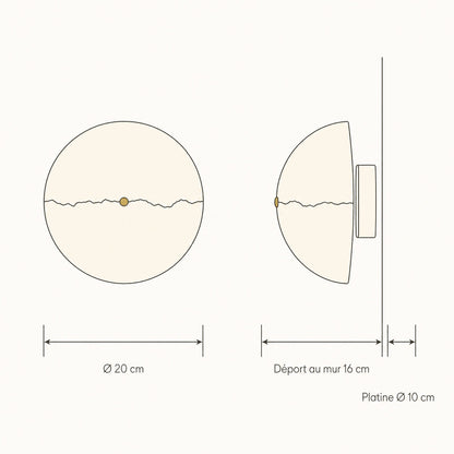 Dimension diagram of the Rinen stone wall light: Ø20 cm, wall projection 16 cm, plate Ø10 cm | Wickleigh