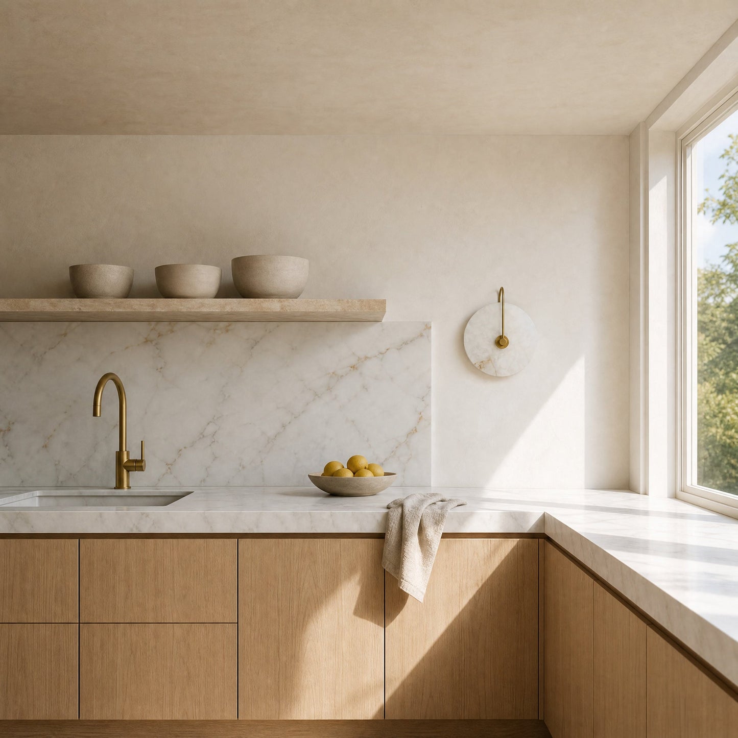 Henin marble wall light in gold finish, in a kitchen with a marble splashback, daylight | Wickleigh