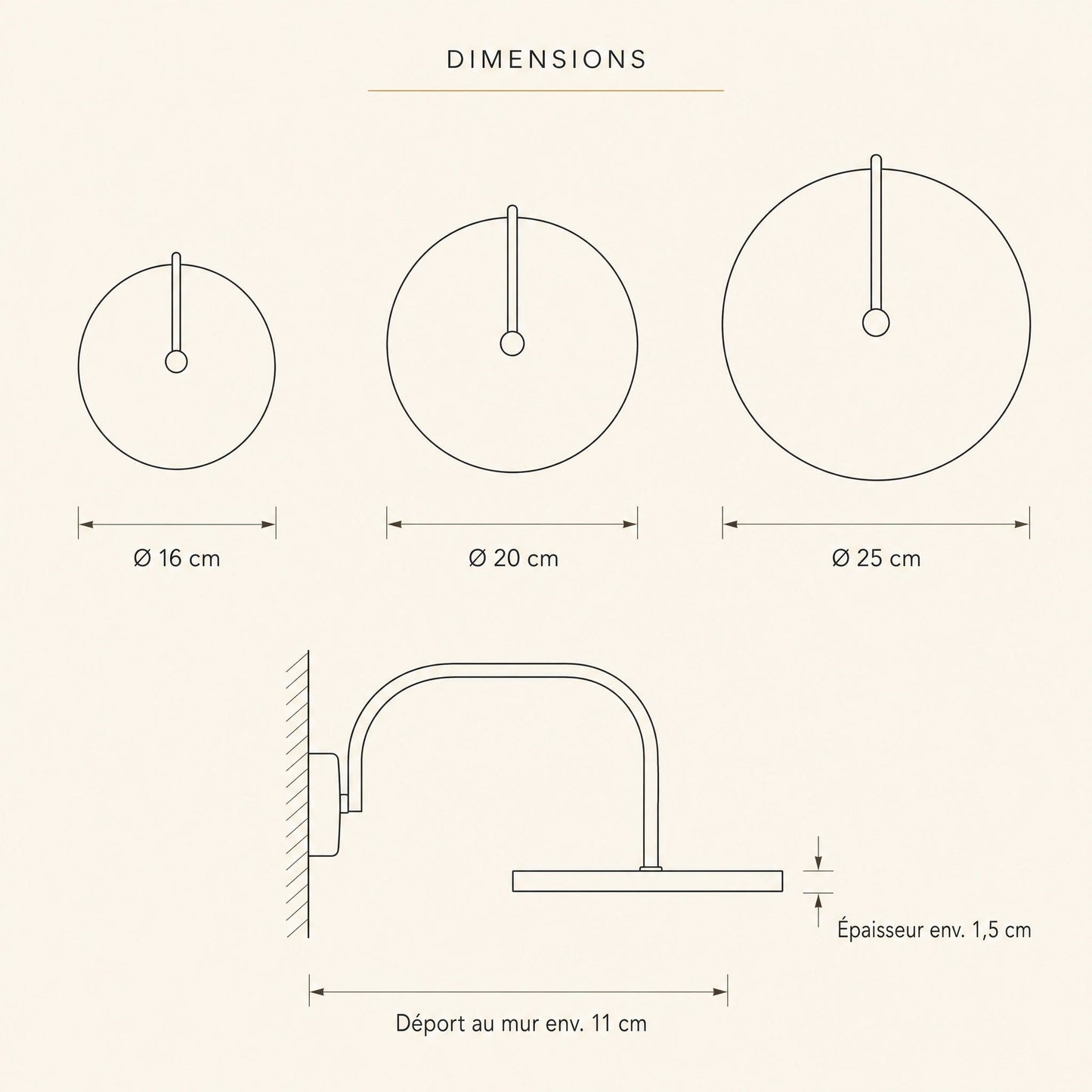 Dimension diagram of the Henin marble wall light, Ø 16, 20 and 25 cm, 11 cm wall projection | Wickleigh