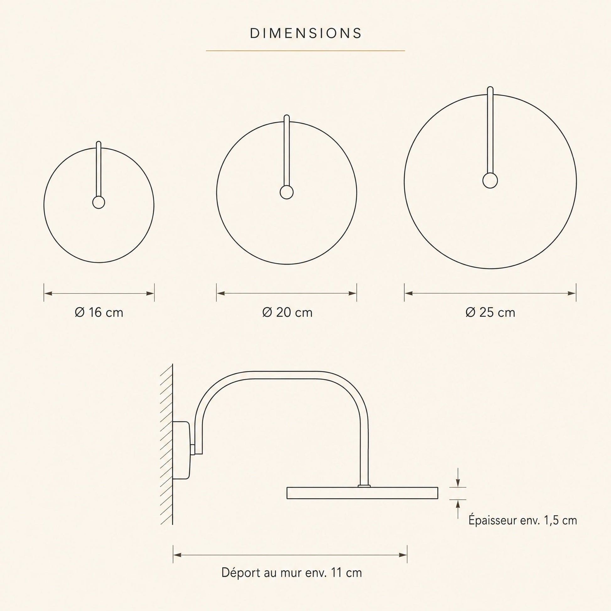 Dimension diagram of the Henin marble wall light, Ø 16, 20 and 25 cm, 11 cm wall projection | Wickleigh