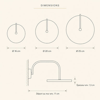 Dimension diagram of the Henin marble wall light, Ø 16, 20 and 25 cm, 11 cm wall projection | Wickleigh