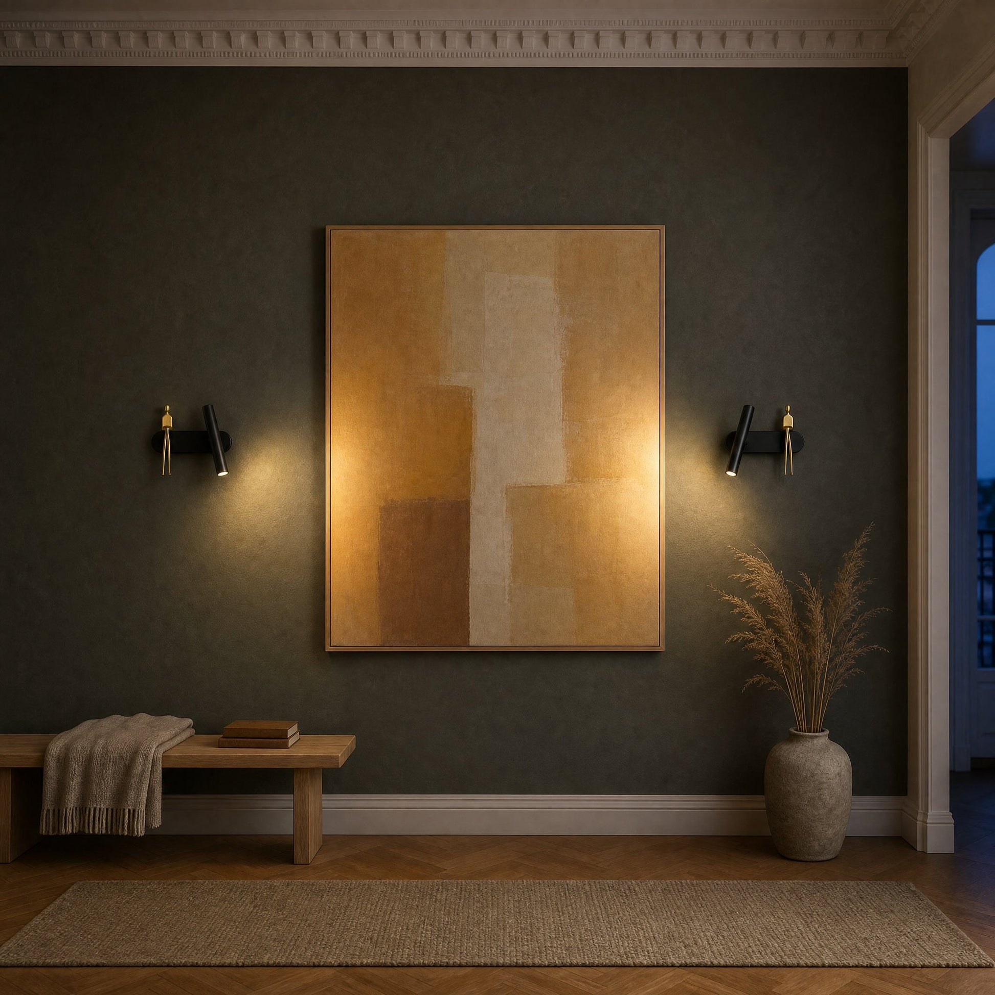 Pair of mirrored Odron adjustable wall lights lighting a large painting in a hallway | Wickleigh