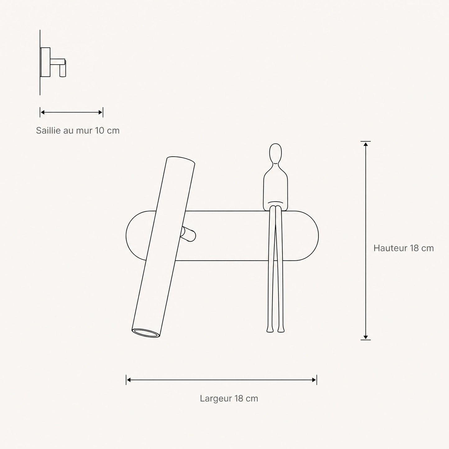 Dimension diagram of the Odron adjustable wall light, 18 x 18 cm and 10 cm wall projection | Wickleigh