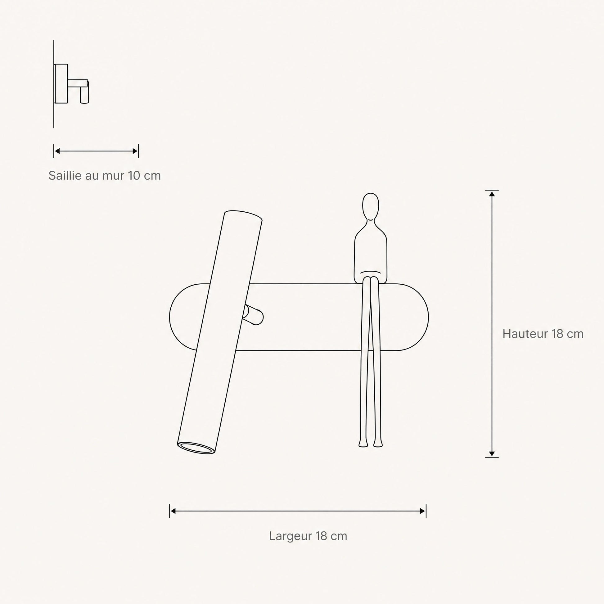 Dimension diagram of the Odron adjustable wall light, 18 x 18 cm and 10 cm wall projection | Wickleigh