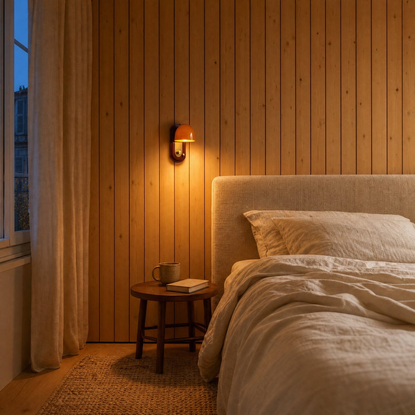 Elmen bedside wall light lit on a pine slat wall, above a linen headboard, early evening | Wickleigh