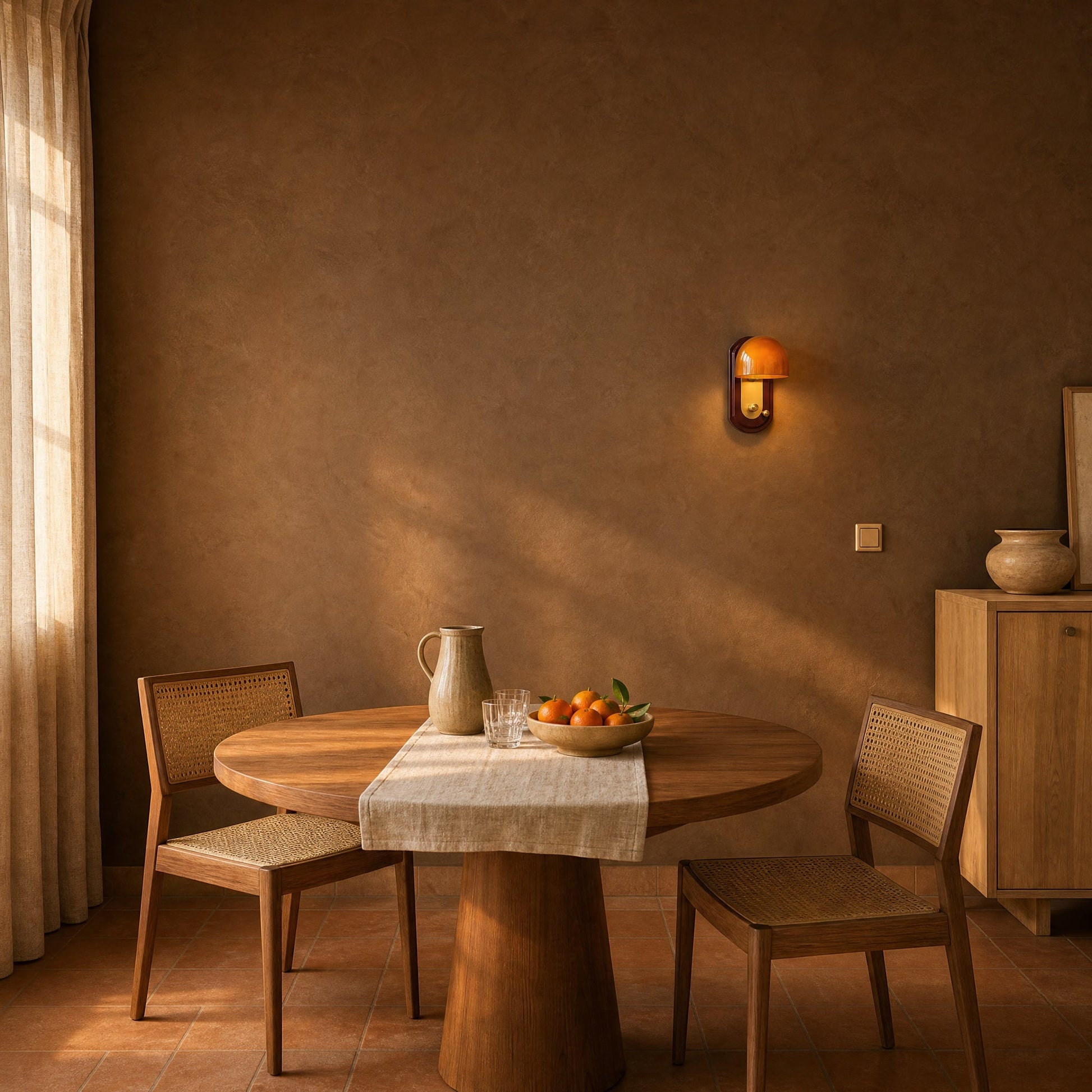 Elmen bedside wall light lit on a chocolate tadelakt wall, above a round teak table | Wickleigh