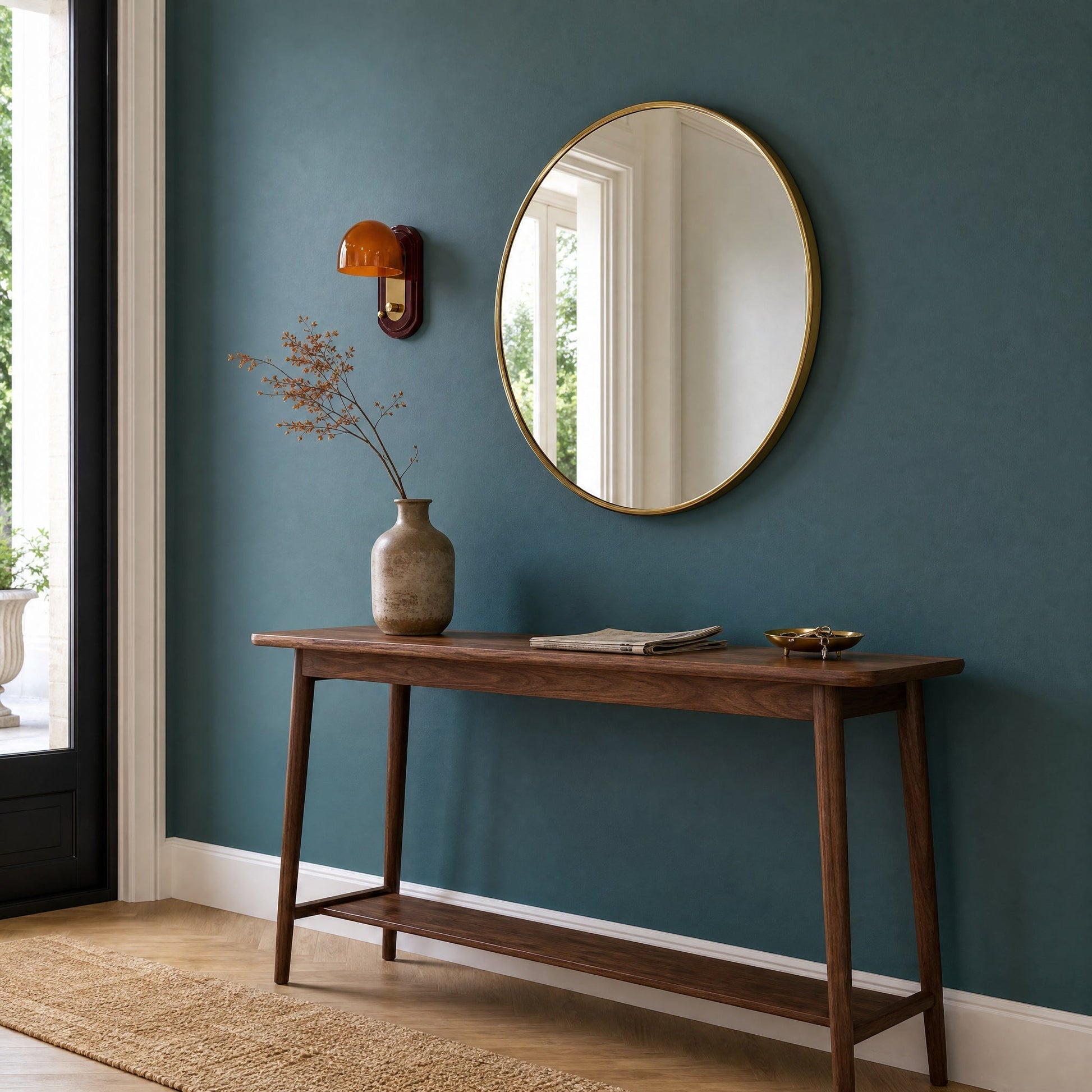 Elmen bedside wall light unlit on a teal entrance wall, beside a round brass mirror | Wickleigh