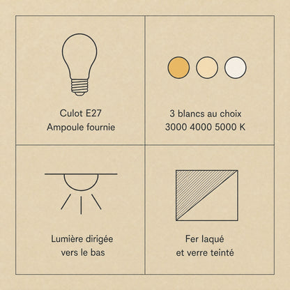 Specifications of the Elmen bedside wall light, E27 fitting with bulb included, three whites, downward-facing light, lacquered iron and tinted glass | Wickleigh