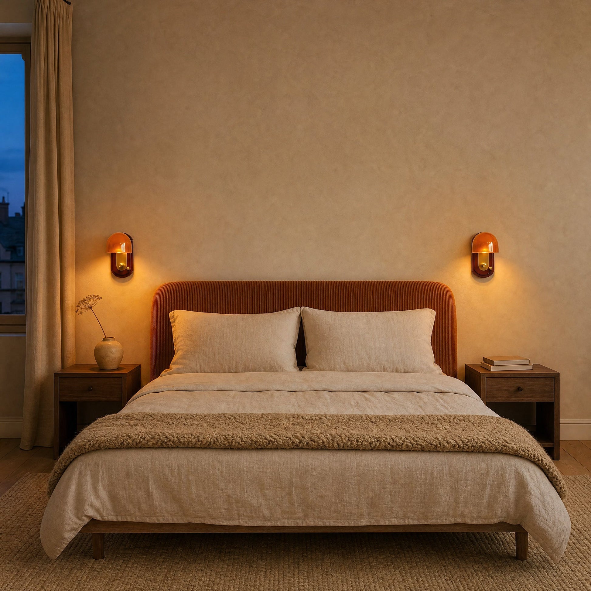 Two Elmen bedside wall lights lit either side of a caramel corduroy headboard | Wickleigh