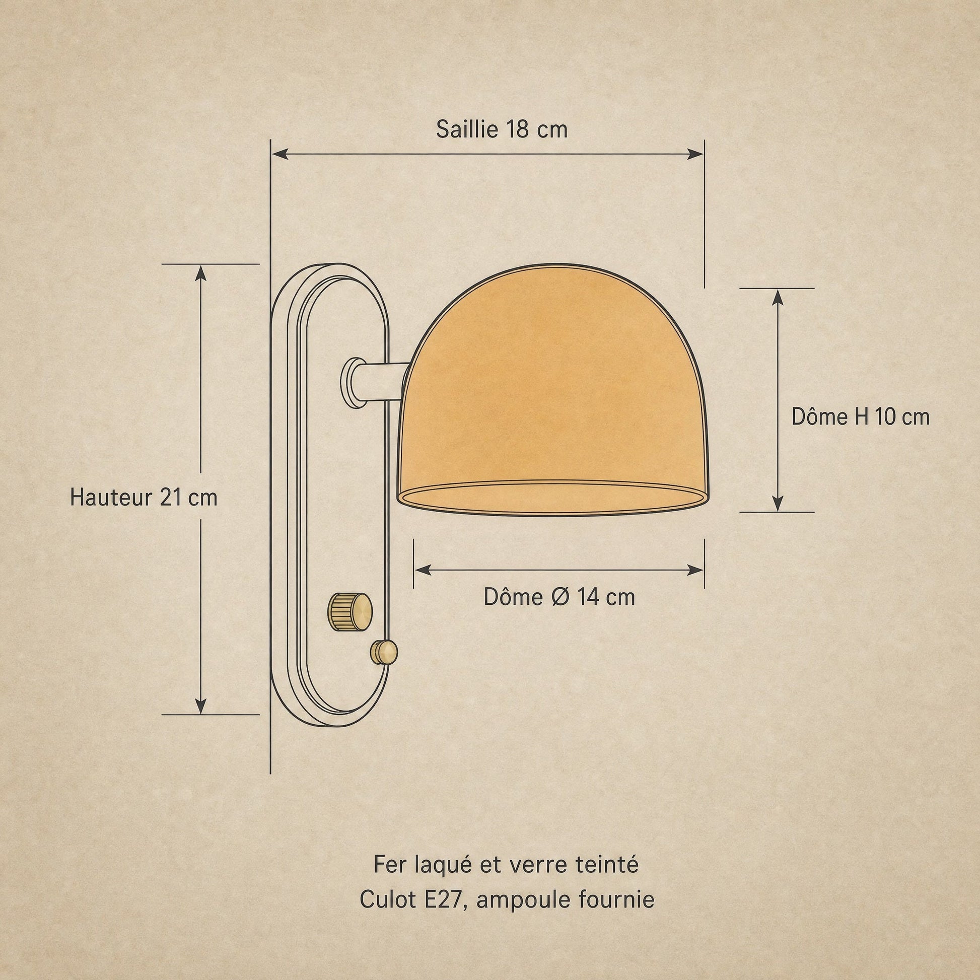 Dimension diagram of the Elmen bedside wall light, height 21 cm, dome Ø14 cm and height 10 cm, 18 cm projection | Wickleigh