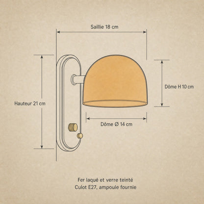Dimension diagram of the Elmen bedside wall light, height 21 cm, dome Ø14 cm and height 10 cm, 18 cm projection | Wickleigh