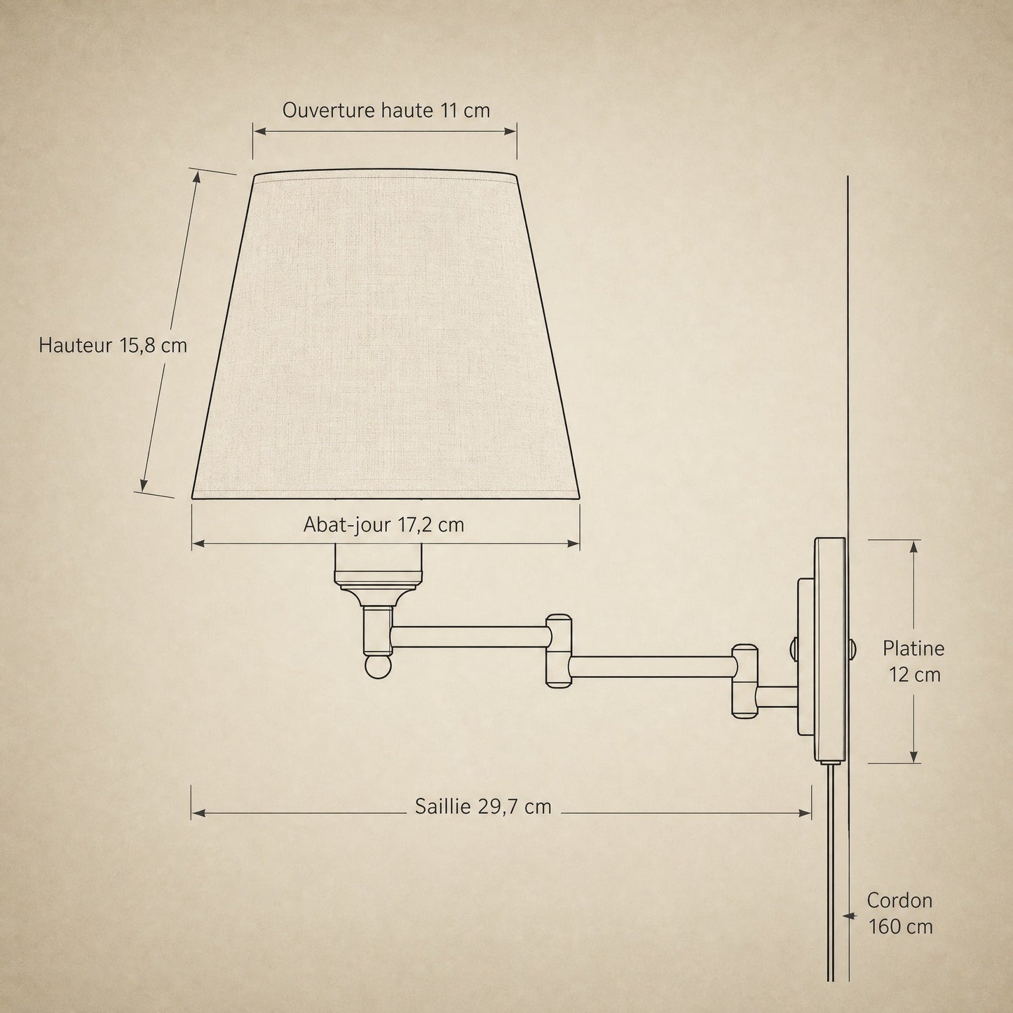Dimension diagram of the Runen fabric wall reading light, shade 17.2 cm and 29.7 cm reach | Wickleigh