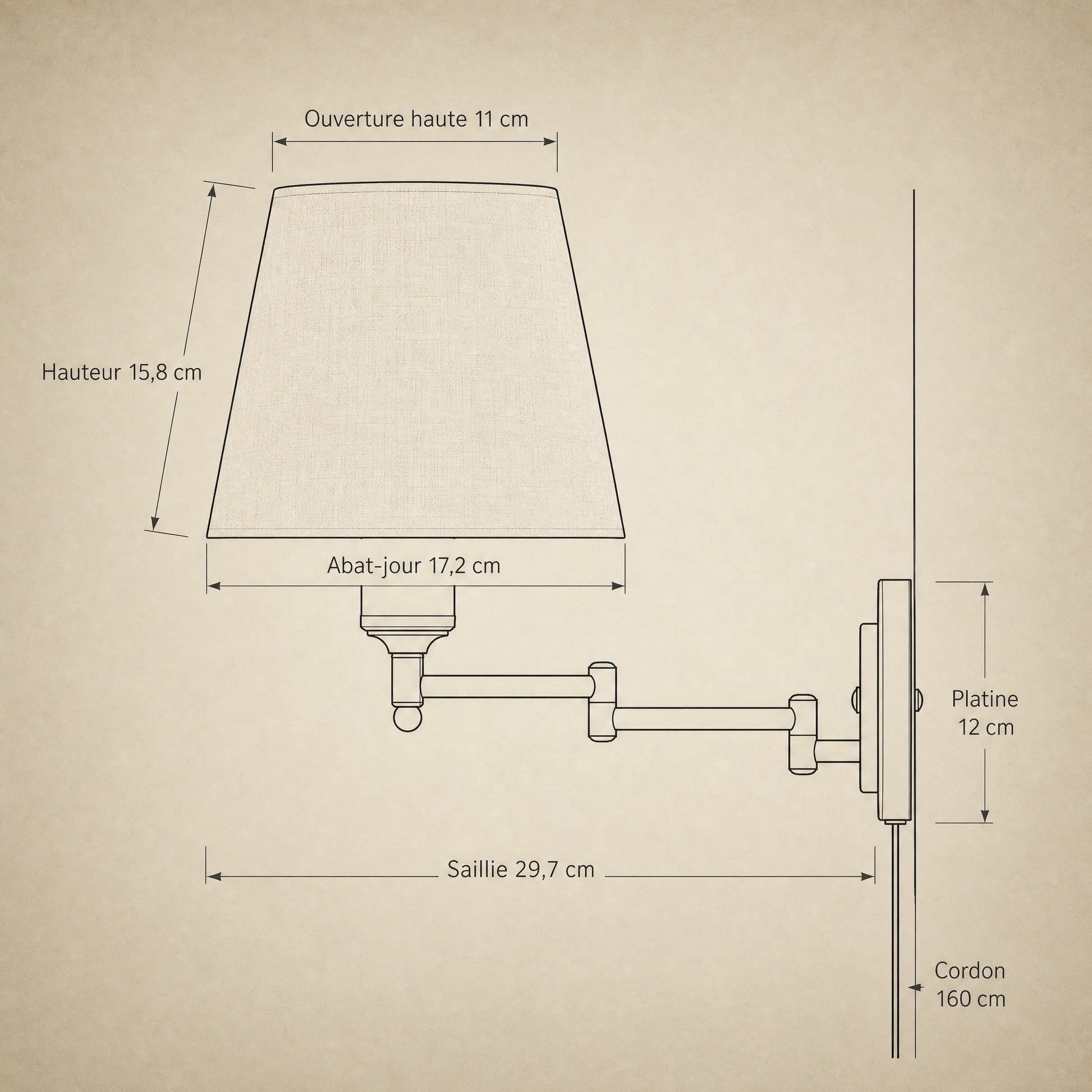 Dimension diagram of the Runen fabric wall reading light, shade 17.2 cm and 29.7 cm reach | Wickleigh