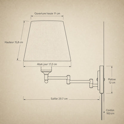 Dimension diagram of the Runen fabric wall reading light, shade 17.2 cm and 29.7 cm reach | Wickleigh