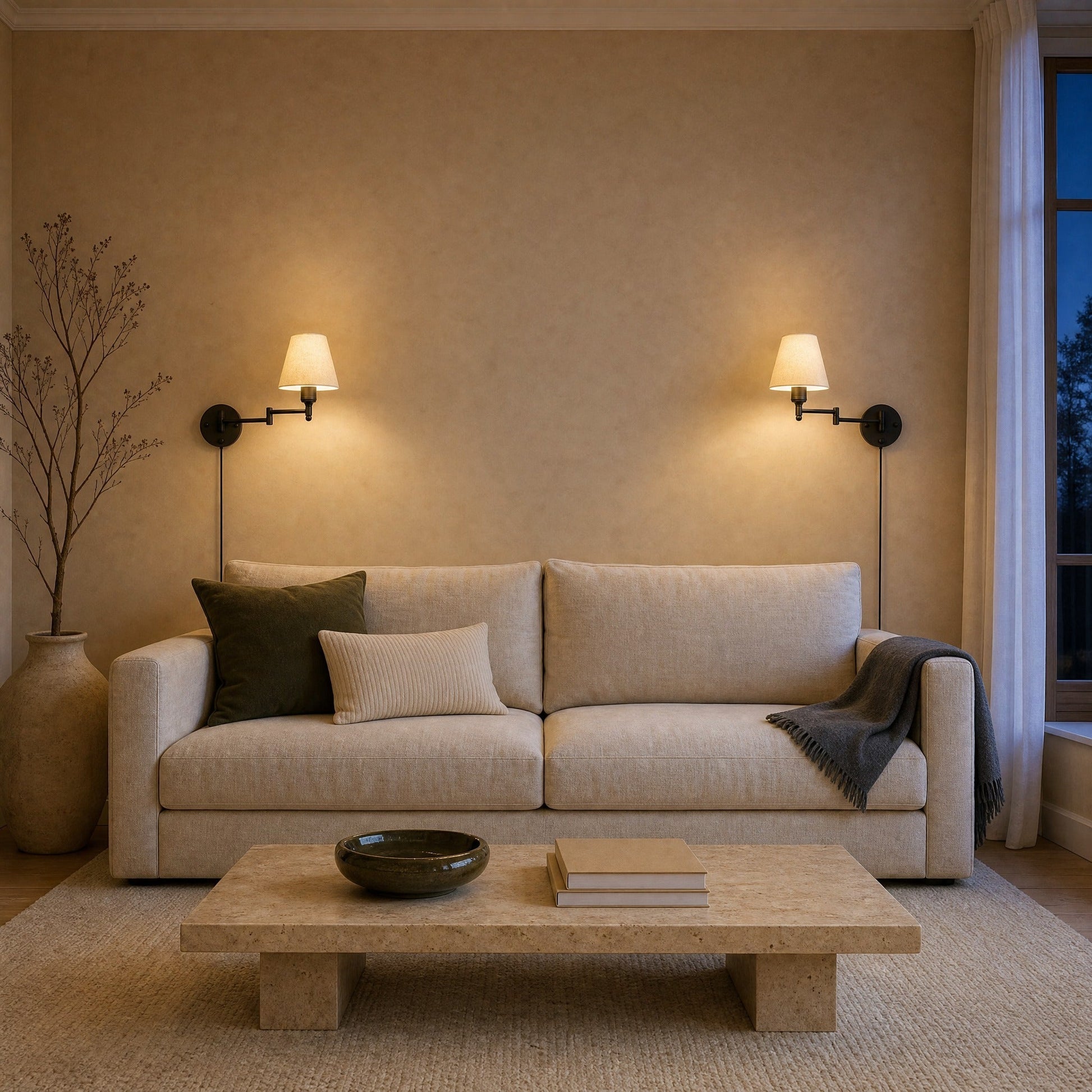 Two Runen fabric wall reading lights lit either side of a linen sofa | Wickleigh