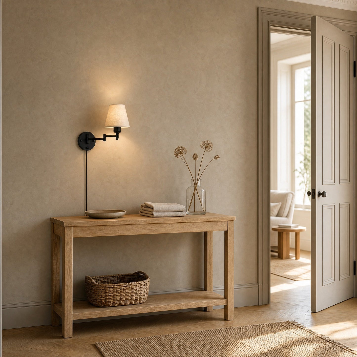 Runen fabric wall reading light lit above an oak console table in an entrance | Wickleigh