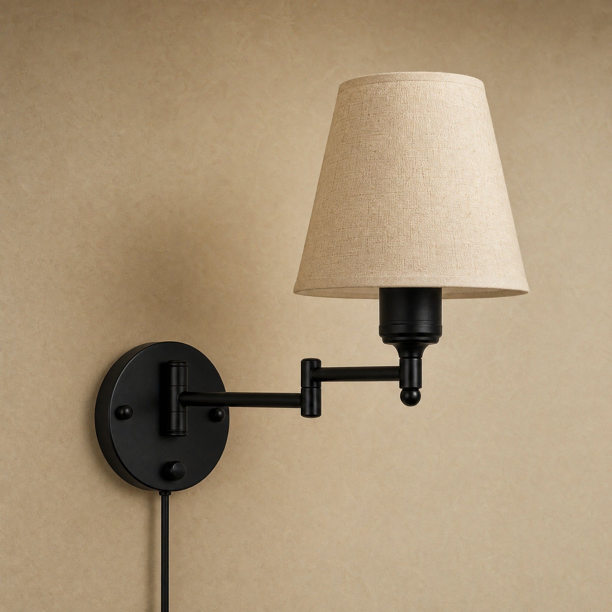 Runen ecru fabric wall reading light with articulated arm, packshot | Wickleigh