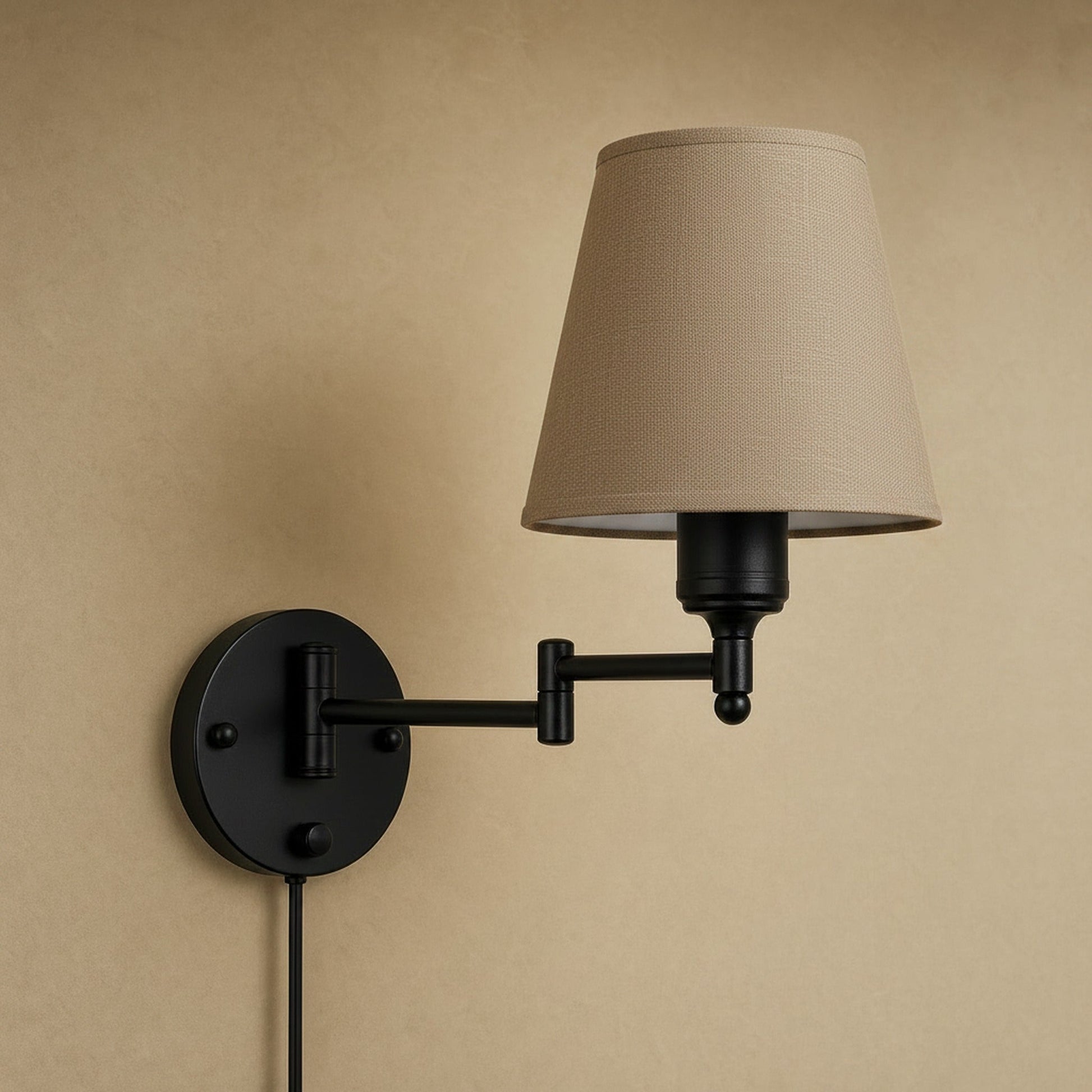Runen taupe fabric wall reading light with articulated arm, packshot | Wickleigh