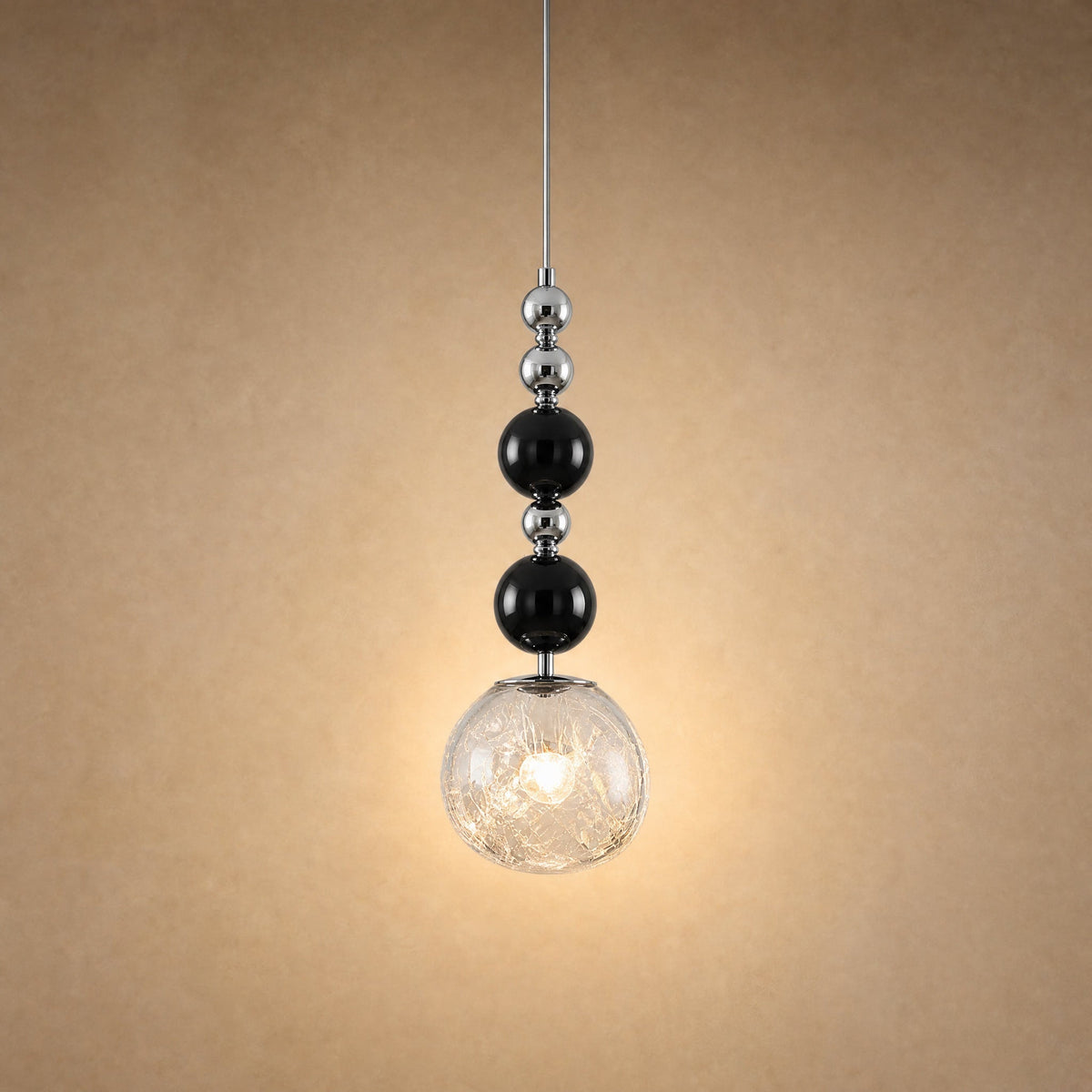 Kolna art deco pendant light with black beads and transparent crackled globe, 15 cm | Wickleigh
