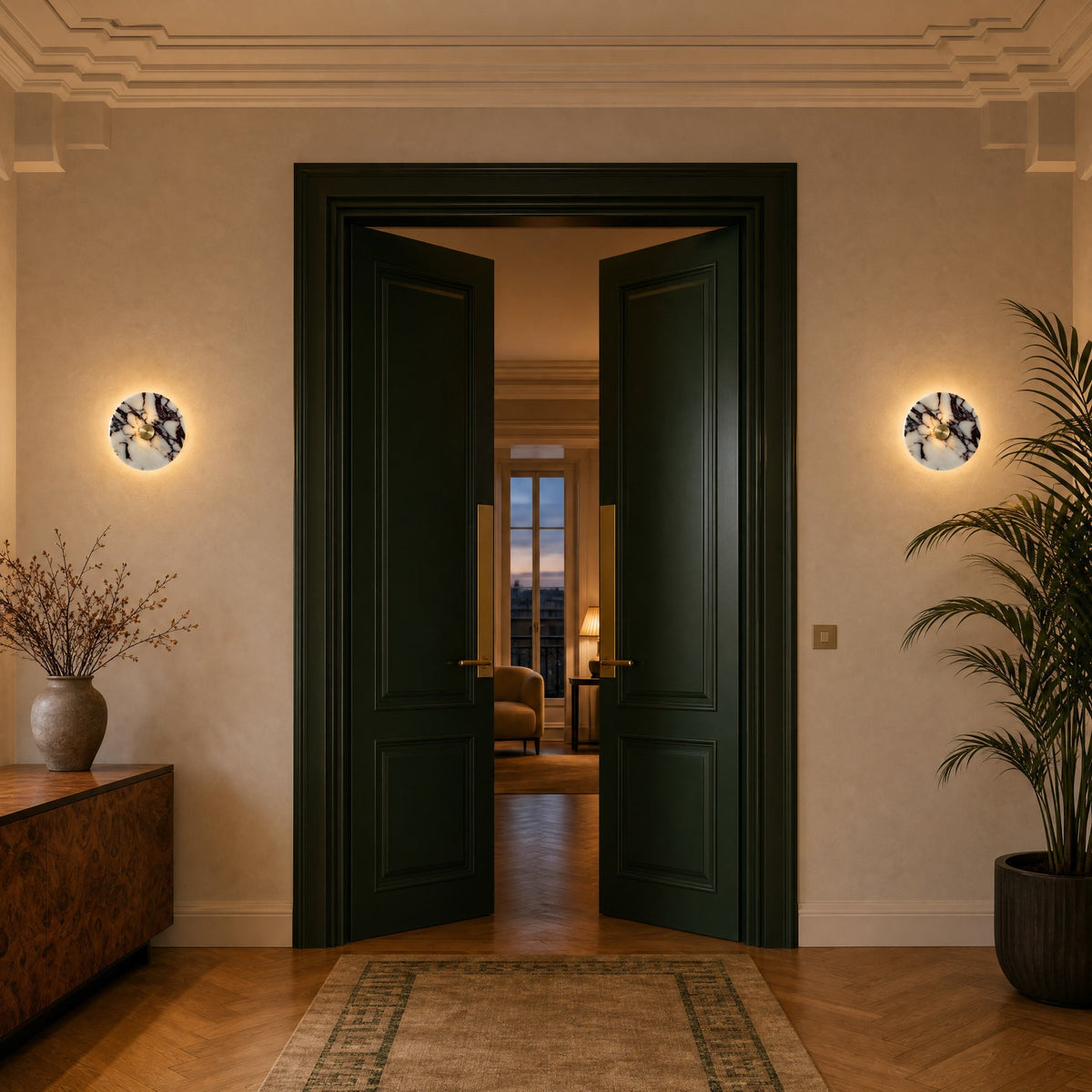 Pair of Belna Art Deco wall lights flanking a bottle green lacquered double door | Wickleigh