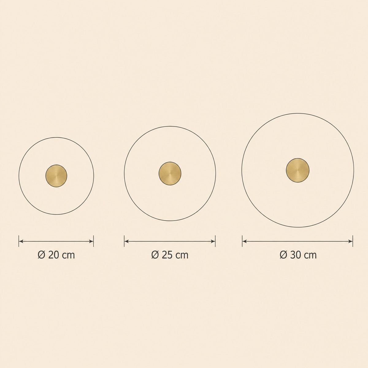 Dimension diagram of the Belna Art Deco wall light, 20, 25 and 30 cm diameters | Wickleigh