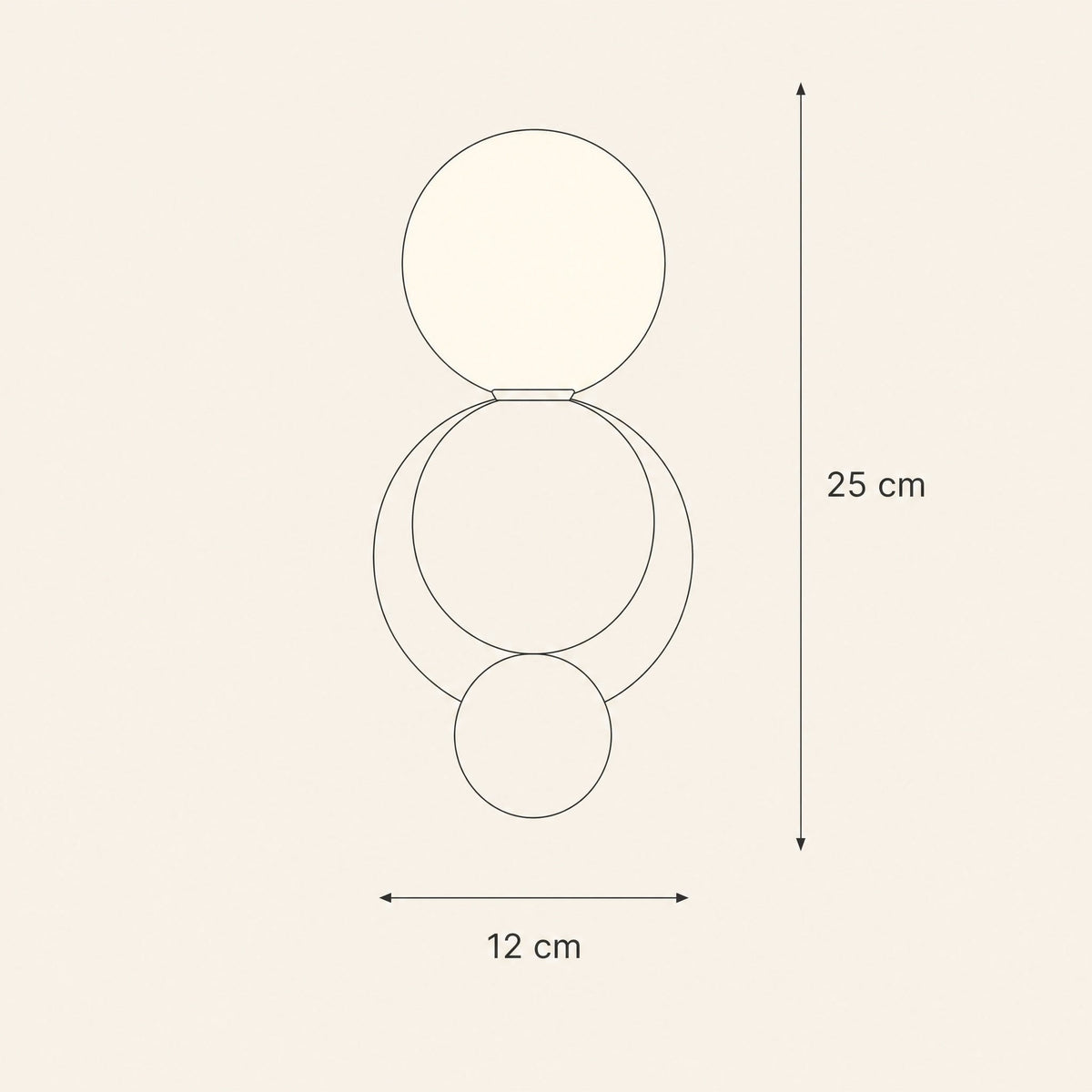 Dimension diagram of the Brelin ball wall light, 12 cm wide by 25 cm tall | Wickleigh