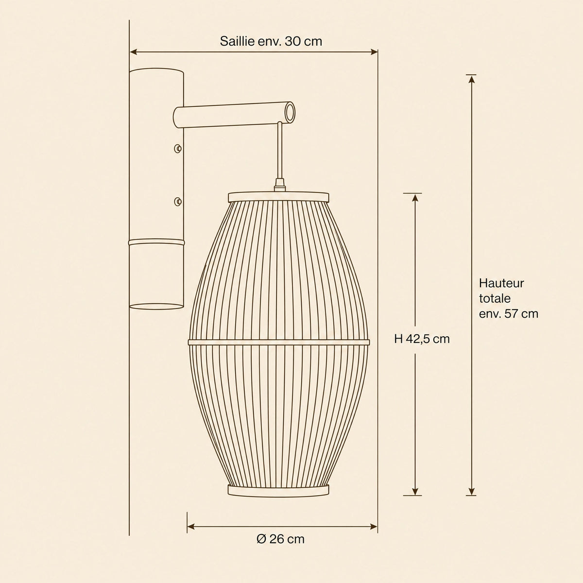 Dimension diagram of the Halna wall light, shade 26 cm diameter by 42.5 cm high | Wickleigh