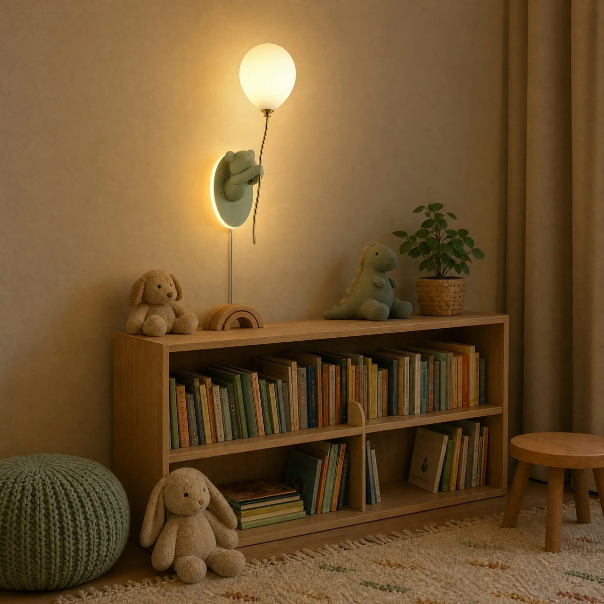 Hedin sage green bear wall light lit in a children's reading corner | Wickleigh