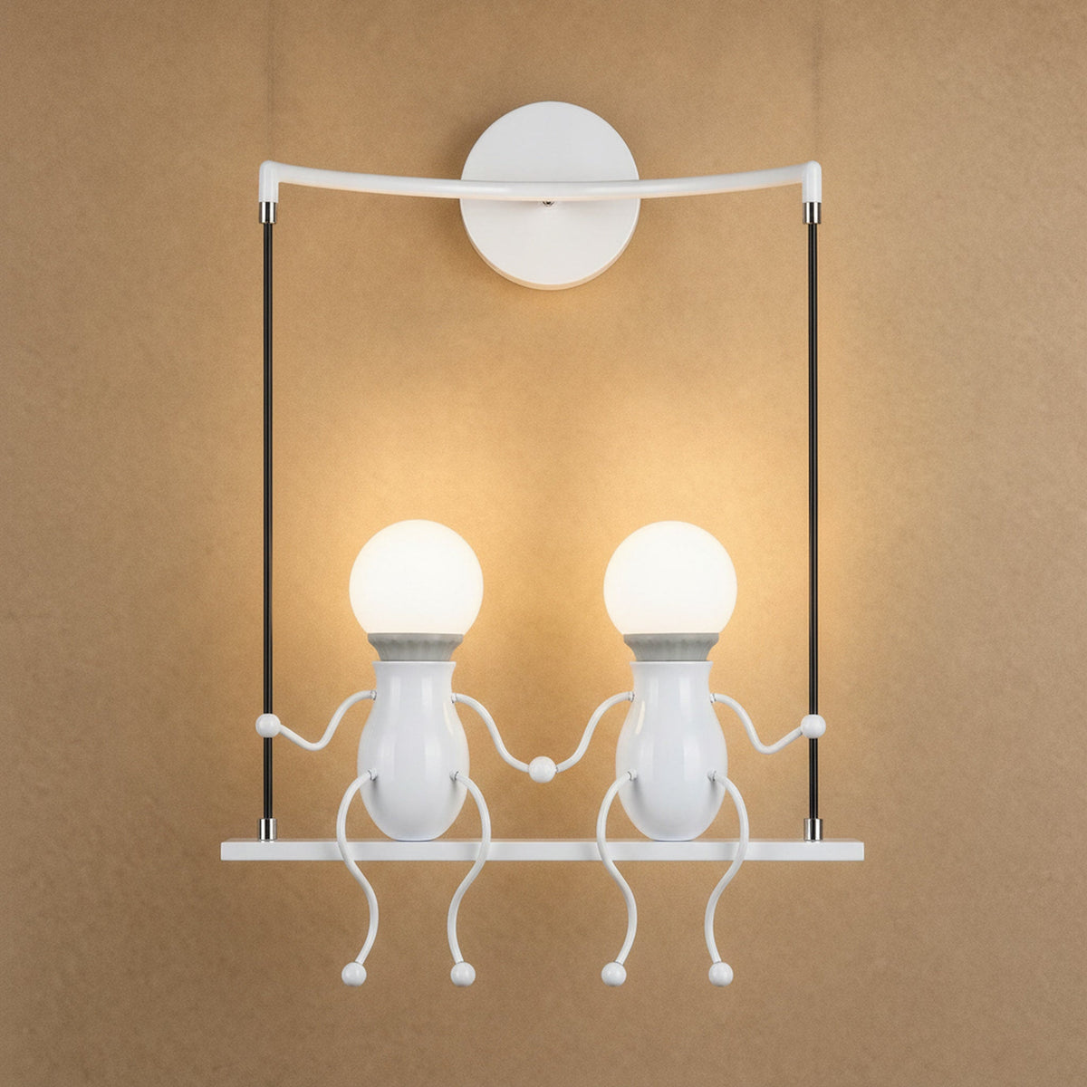 Jyllen white wall light, two figures hand in hand on their swing | Wickleigh