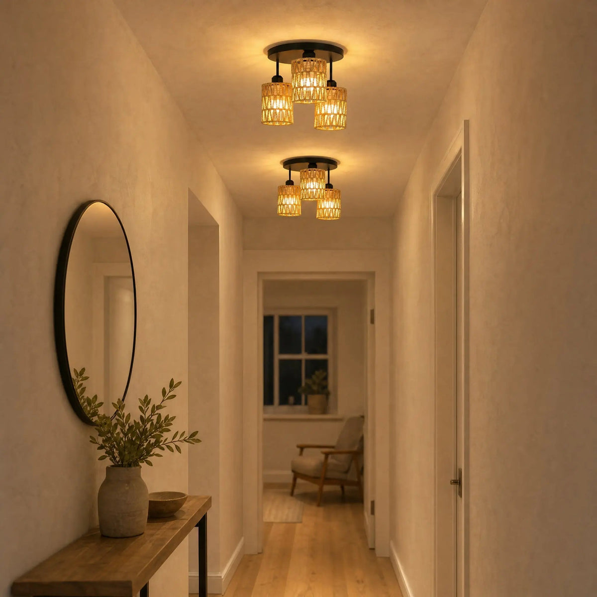 Two Quenna semi-flush ceiling lights aligned in a bright hallway at night | Wickleigh