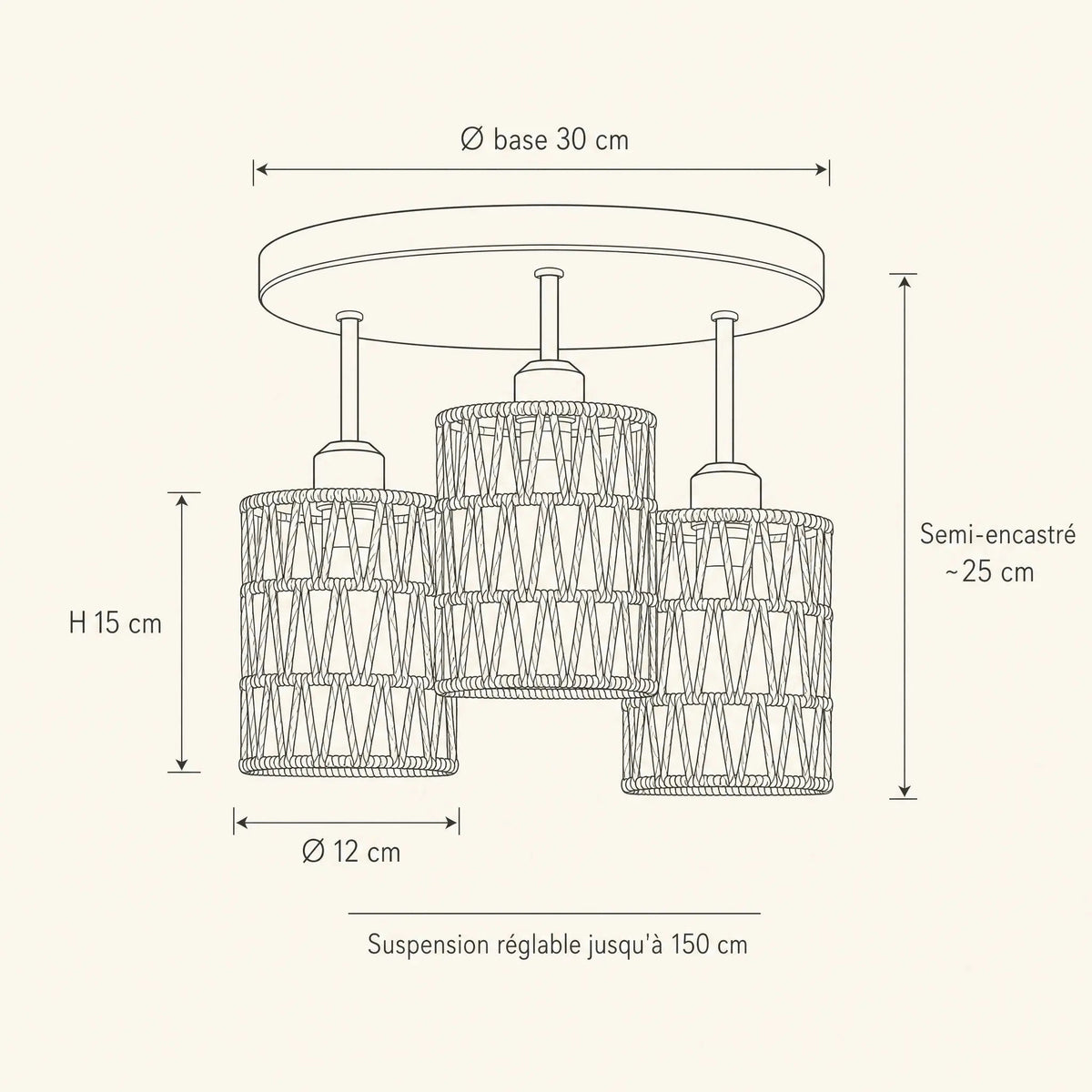 Dimension diagram of the Quenna ceiling light, 30cm base and 12x15cm shades | Wickleigh
