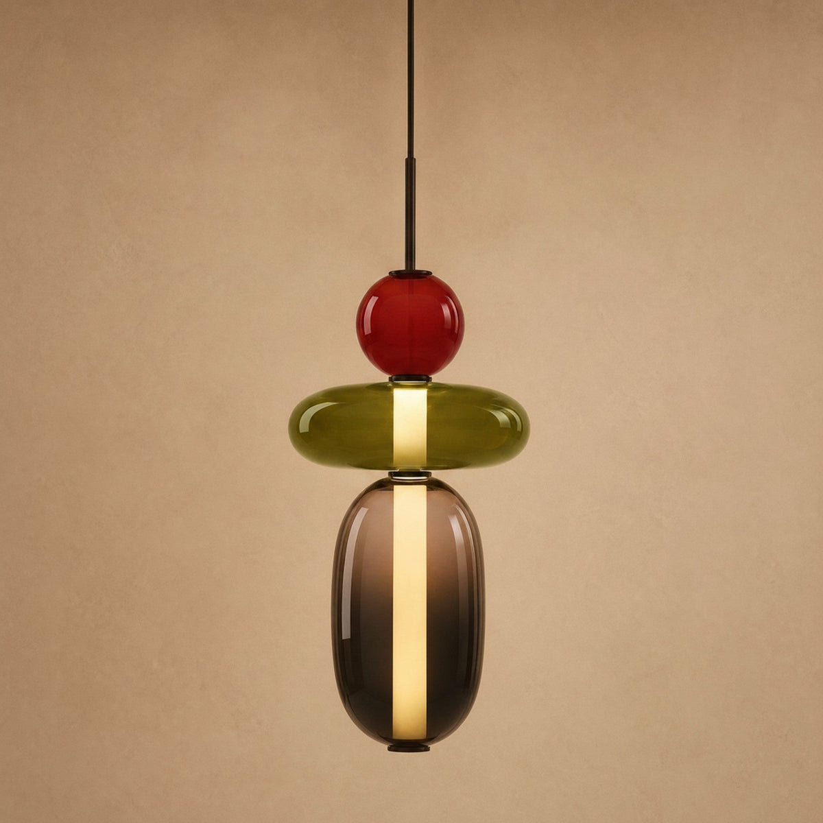 Aslin coloured glass pendant light, three beads in red, olive and smoked, height 37 cm | Wickleigh
