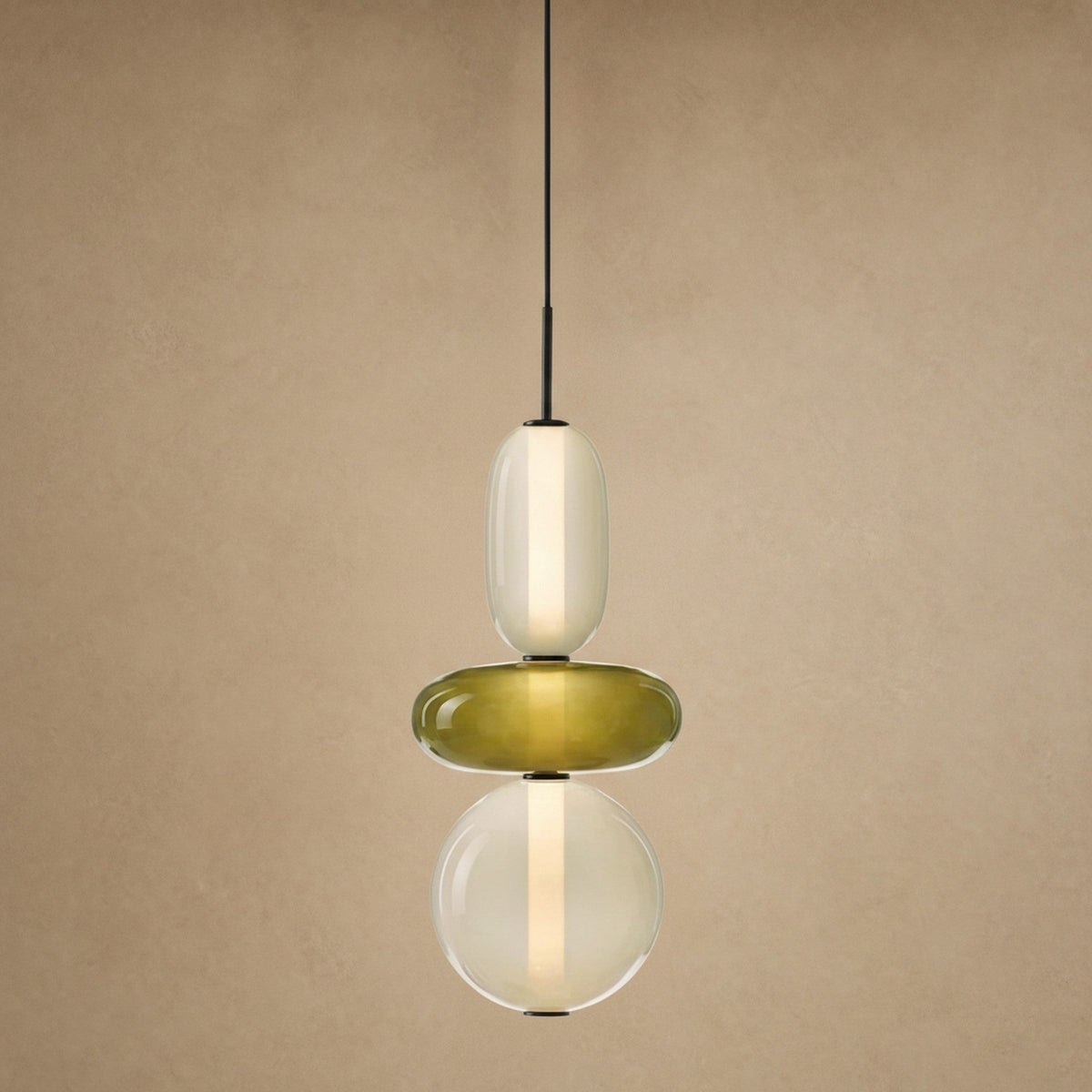 Aslin coloured glass pendant light, three pebble beads in olive and cream, height 39 cm | Wickleigh