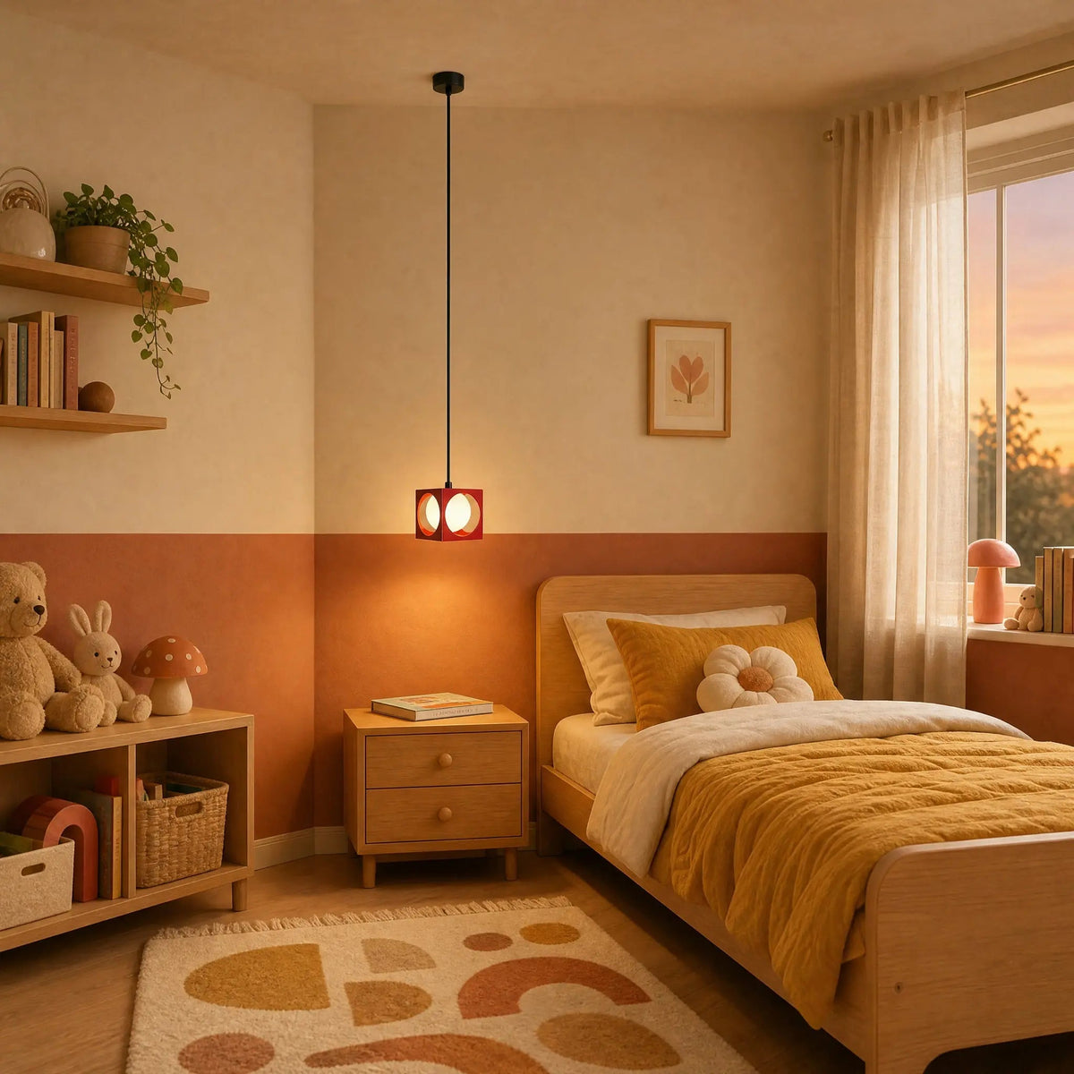 Asina red pendant light lit above a nightstand in a retro child's bedroom | Wickleigh