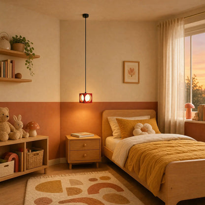 Asina red pendant light lit above a nightstand in a retro child's bedroom | Wickleigh