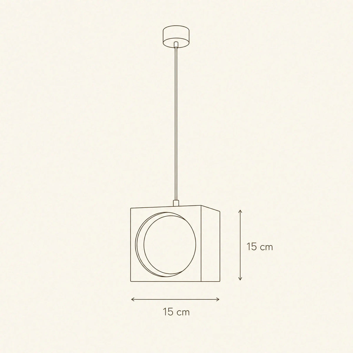 Dimension diagram of the Asina pendant light, 15cm cube | Wickleigh