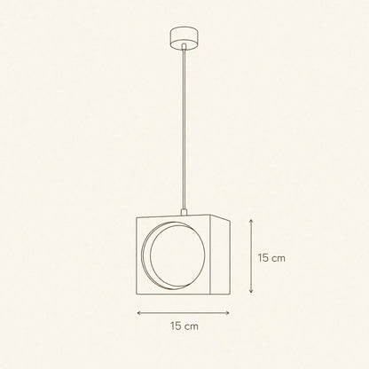 Dimension diagram of the Asina pendant light, 15cm cube | Wickleigh